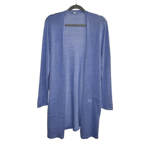 J. JILL Linen Light & Long Two Pocket Cardi Blue sz L Women's Cardigan Sweater - Picture 2 of 7
